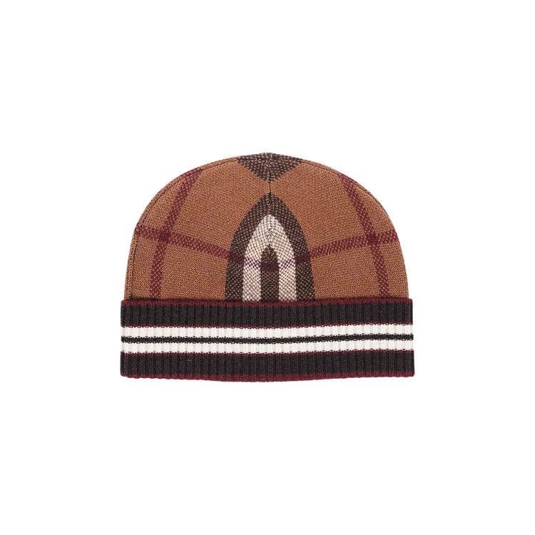 Burberry Check And Stripe Cashmere Beanie Dark Birch Brown