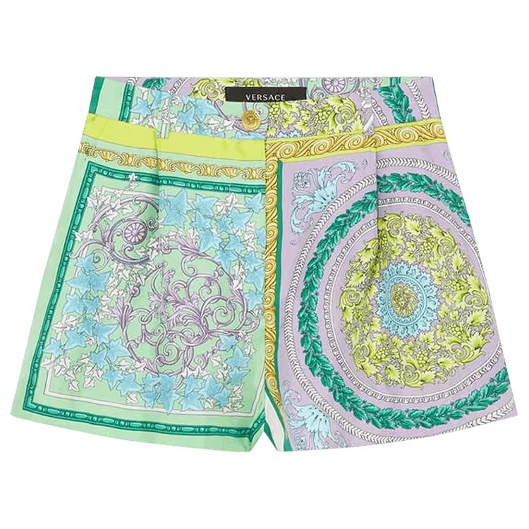 Versace Barocco Mosaic Print Silk Shorts Lilac/Green Water
