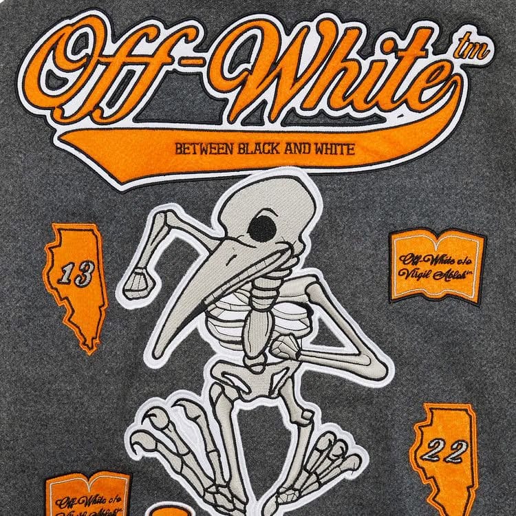 Off-White Leather Varsity Jacket Medium Grey/Multicolor