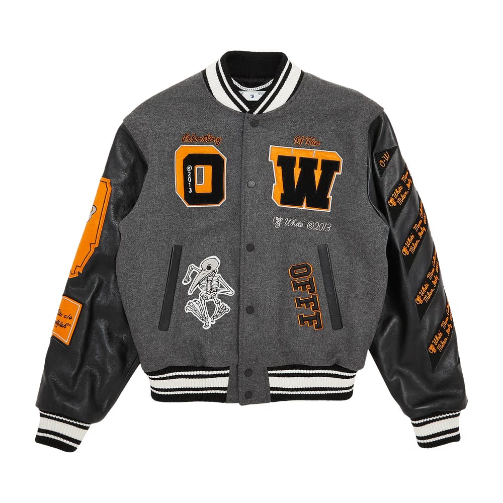 Off-White Leather Varsity Jacket Medium Grey/Multicolor