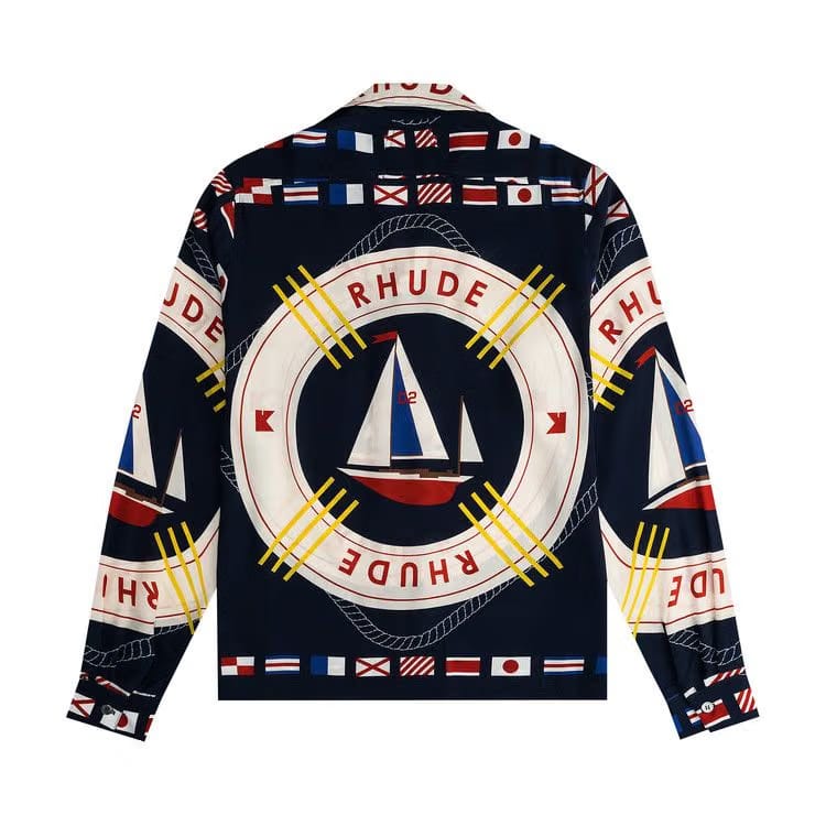 Rhude Flag Sail Long-Sleeve Silk Shirt Blue/Multicolor