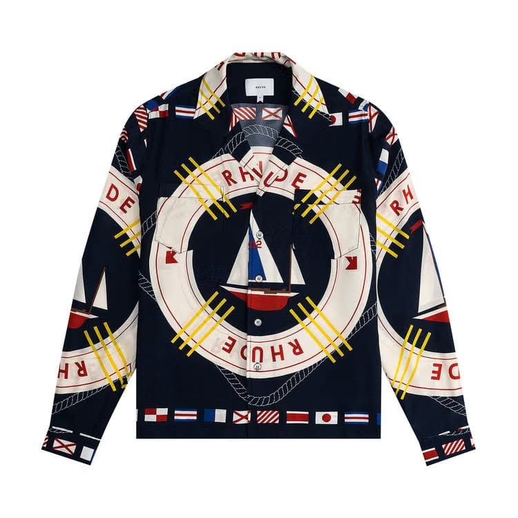 Rhude Flag Sail Long-Sleeve Silk Shirt Blue/Multicolor