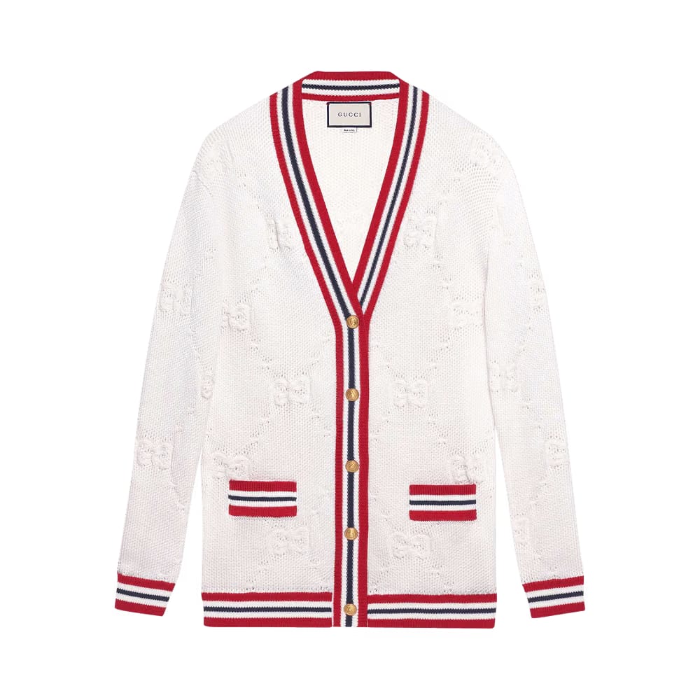 Gucci Sylvie Web Knit Cardigan Ivory/Red