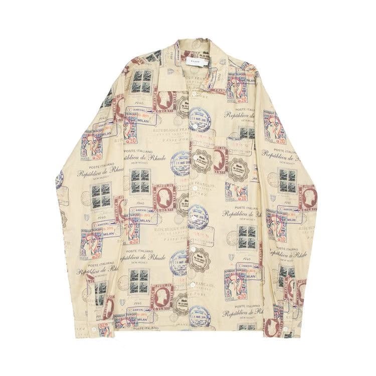 Rhude Passport Stamp Print Shirt Beige/Multicolor