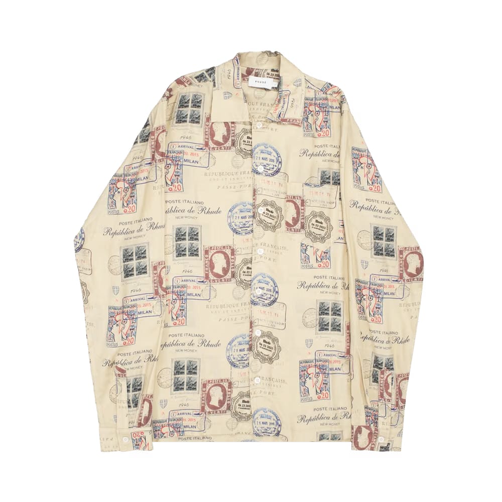Rhude Passport Stamp Print Shirt Beige/Multicolor