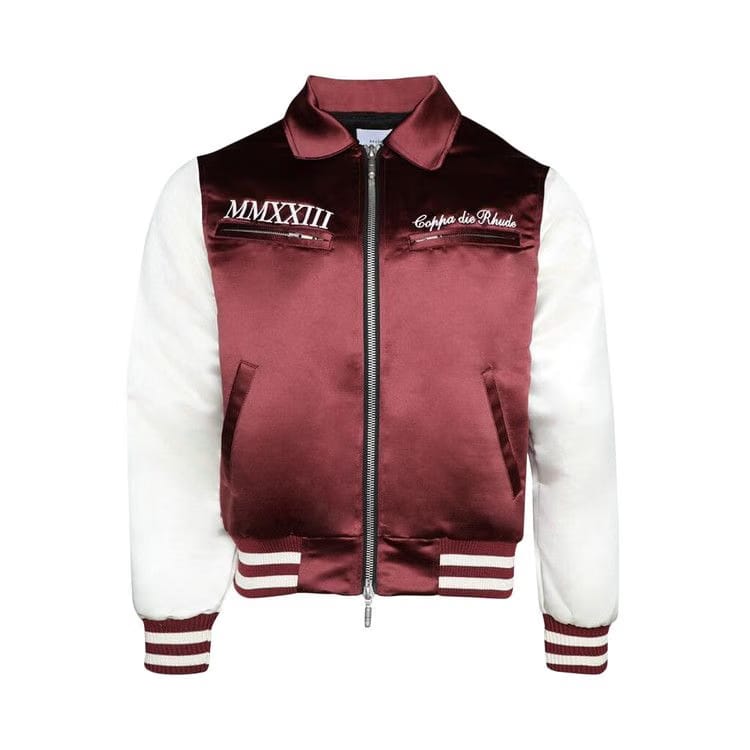 Rhude Satin Front Zip Varsity Jacket Maroon/Cream