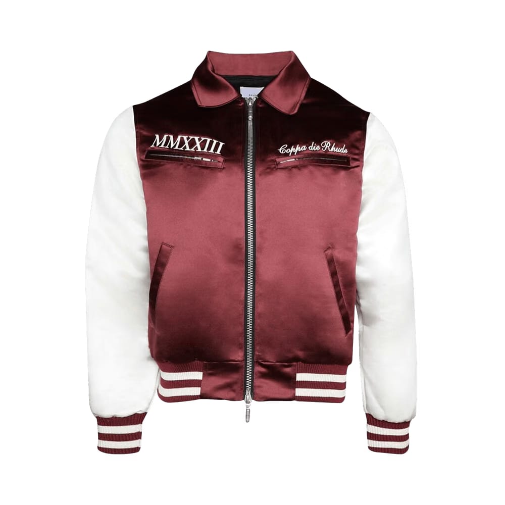 Rhude Satin Front Zip Varsity Jacket Maroon/Cream
