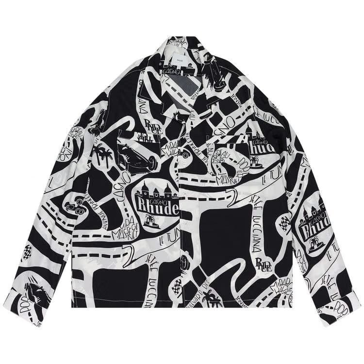 Rhude Strada Silk Long-Sleeve Button Down Shirt Black/White