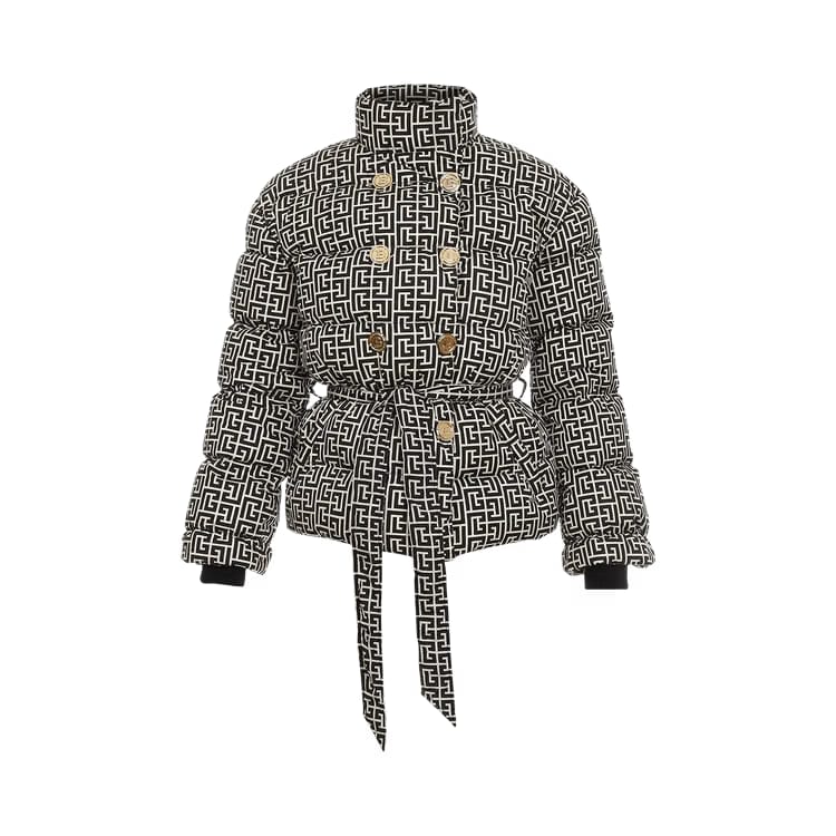 Balmain High-Neck Belted Monogram Down Jacket Black