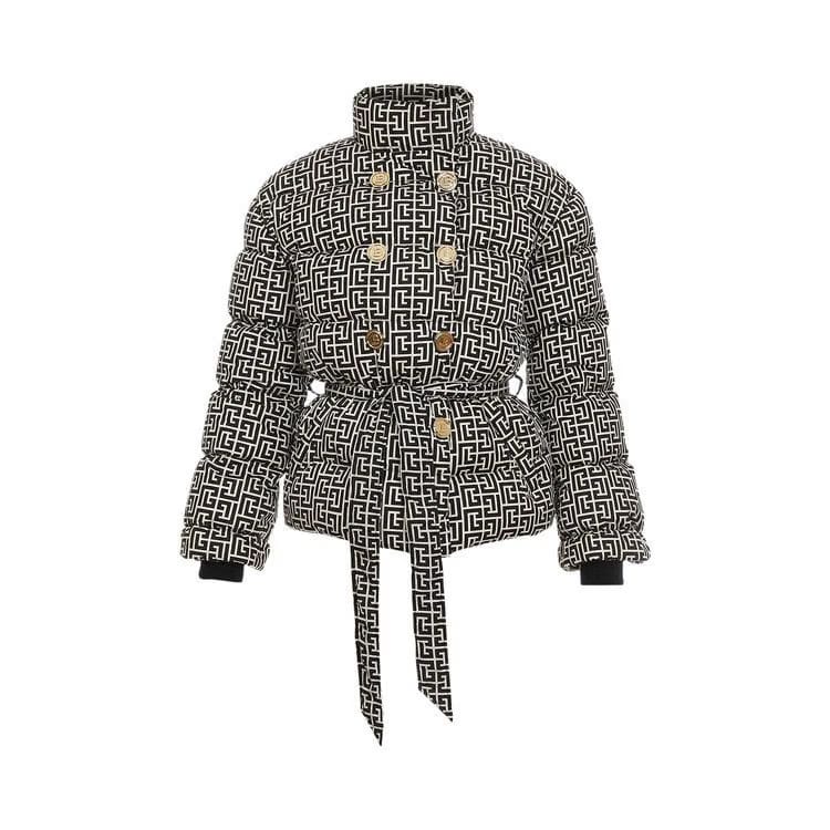 Balmain High-Neck Belted Monogram Down Jacket Black