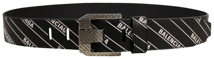 Balenciaga Striped Logo Engraved Buckle Belt Black