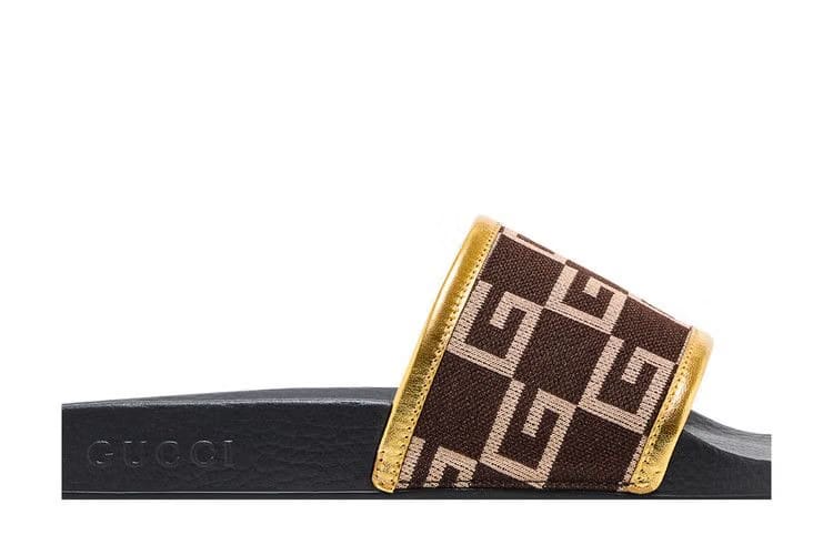 Gucci Pursuit 72 Knit Slide Brown Gold