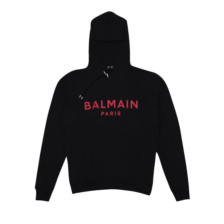 Balmain Logo Printed Drawstring Hoodie Black/Red