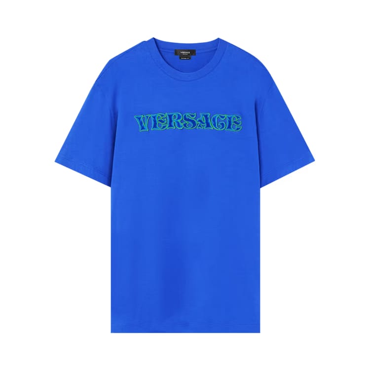 Versace Embroidered Rug Stitch Jersey T-Shirt Bright Blue