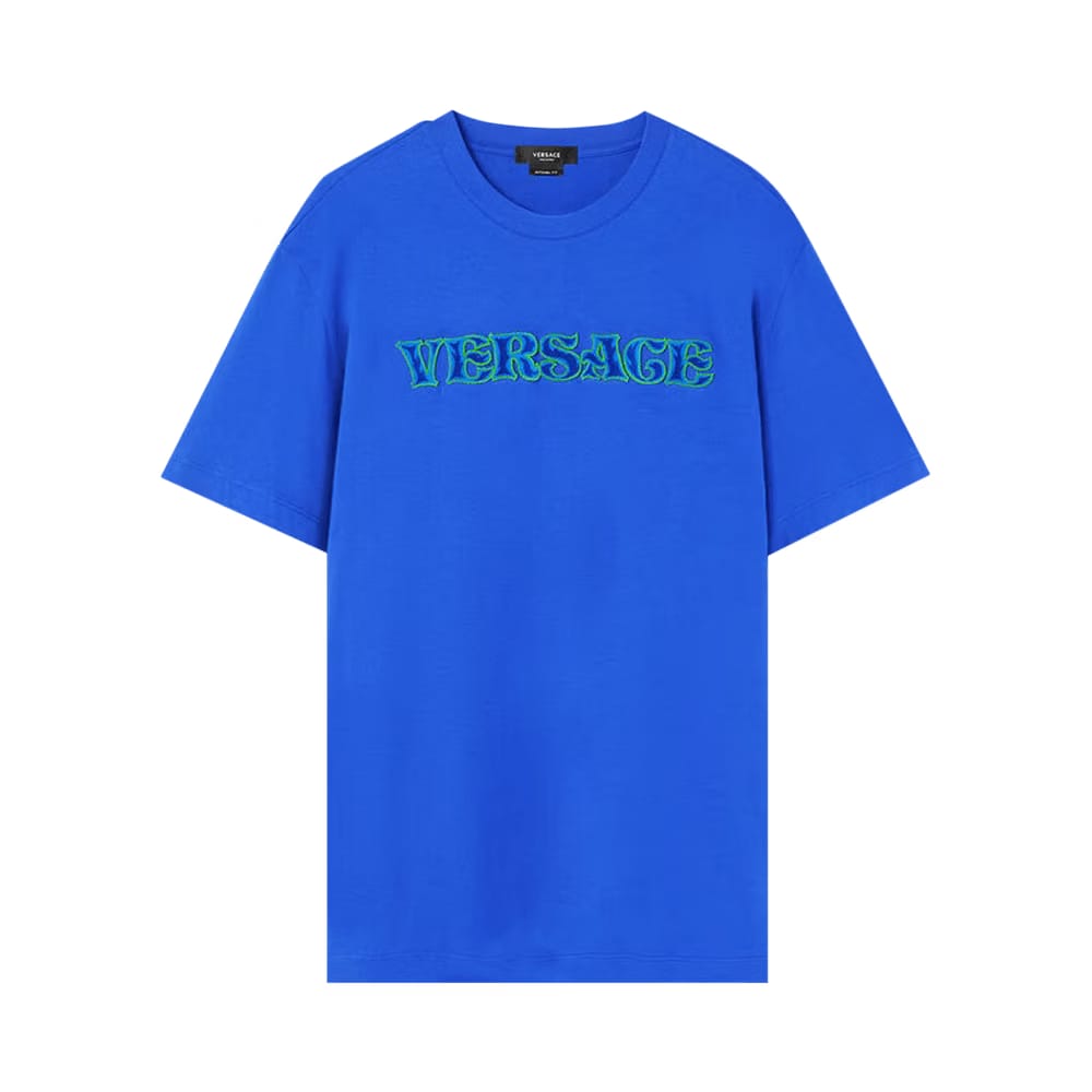 Versace Embroidered Rug Stitch Jersey T-Shirt Bright Blue