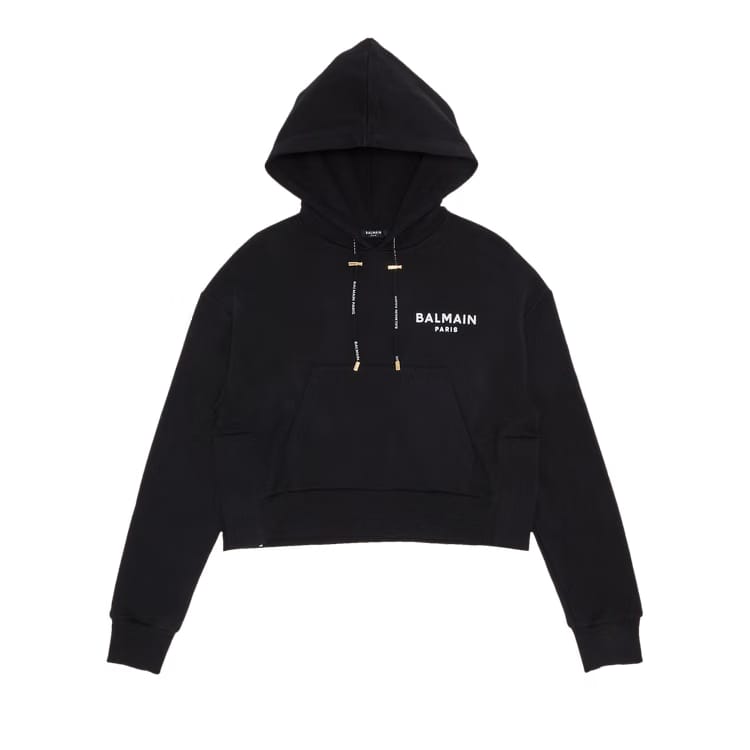 Balmain Flock Detail Cropped Hoodie Noir/Blanc