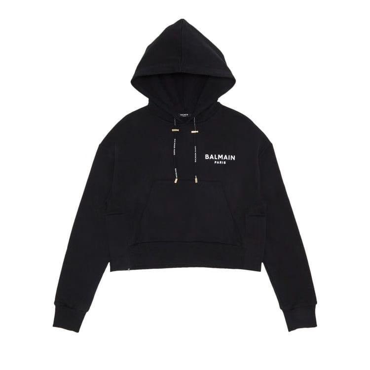 Balmain Flock Detail Cropped Hoodie Noir/Blanc