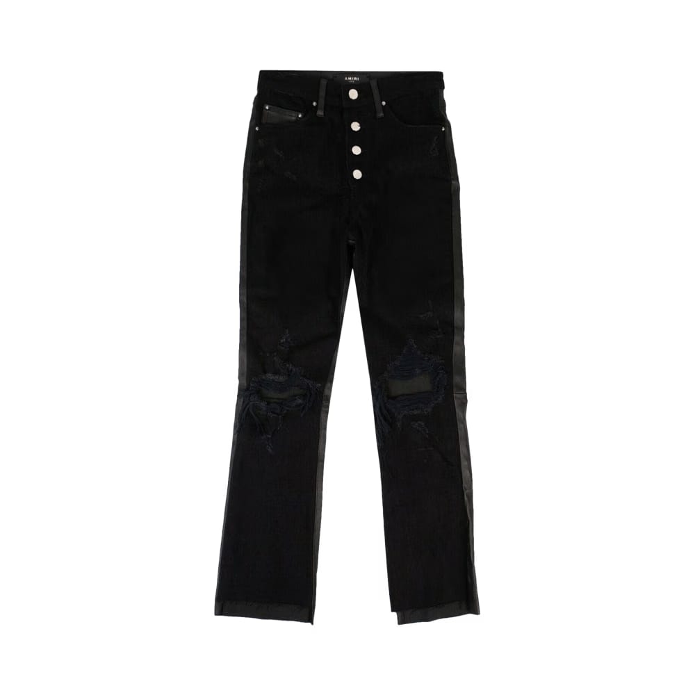 Amiri Leather And Denim Crop Flare Jeans Black
