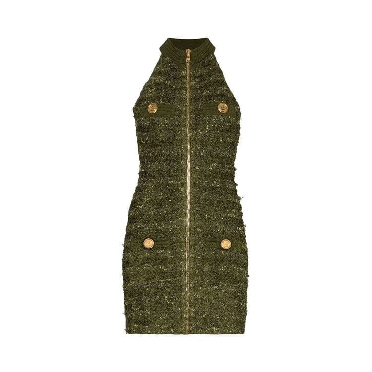 Balmain Sleeveless Zipped Tweed Dress Military Green