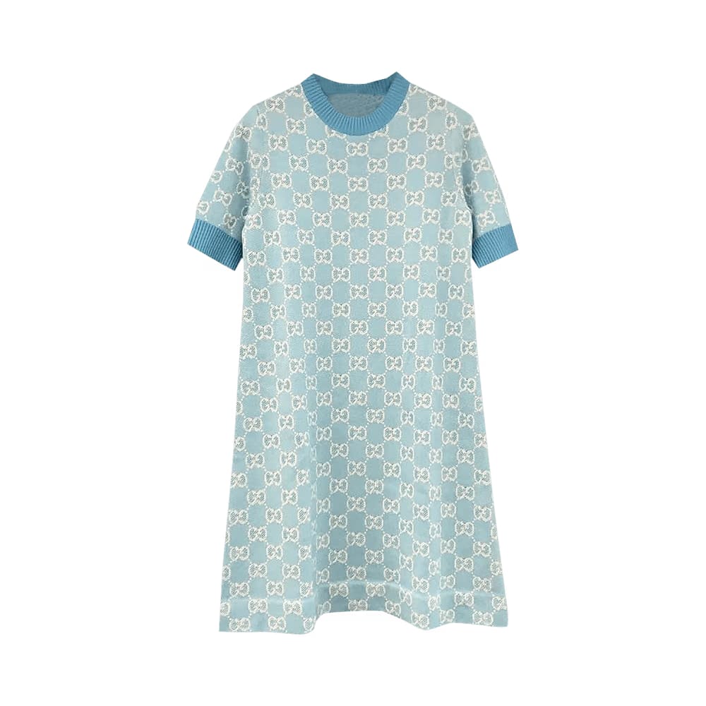 Gucci Shorts-Sleeve Logo Dress Light Blue/Ivory