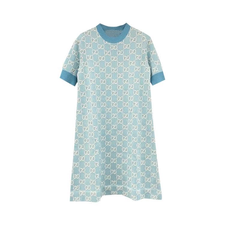 Gucci Shorts-Sleeve Logo Dress Light Blue/Ivory