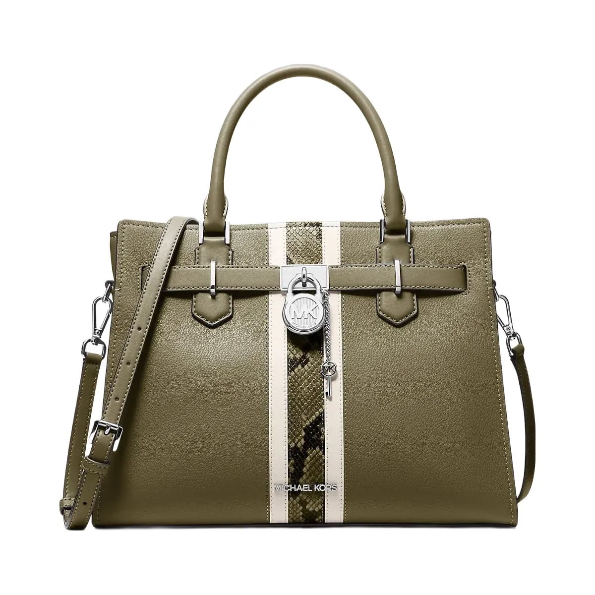 Michael Kors Hamilton Medium Leather and Snake Embossed Stripe Satchel Olive