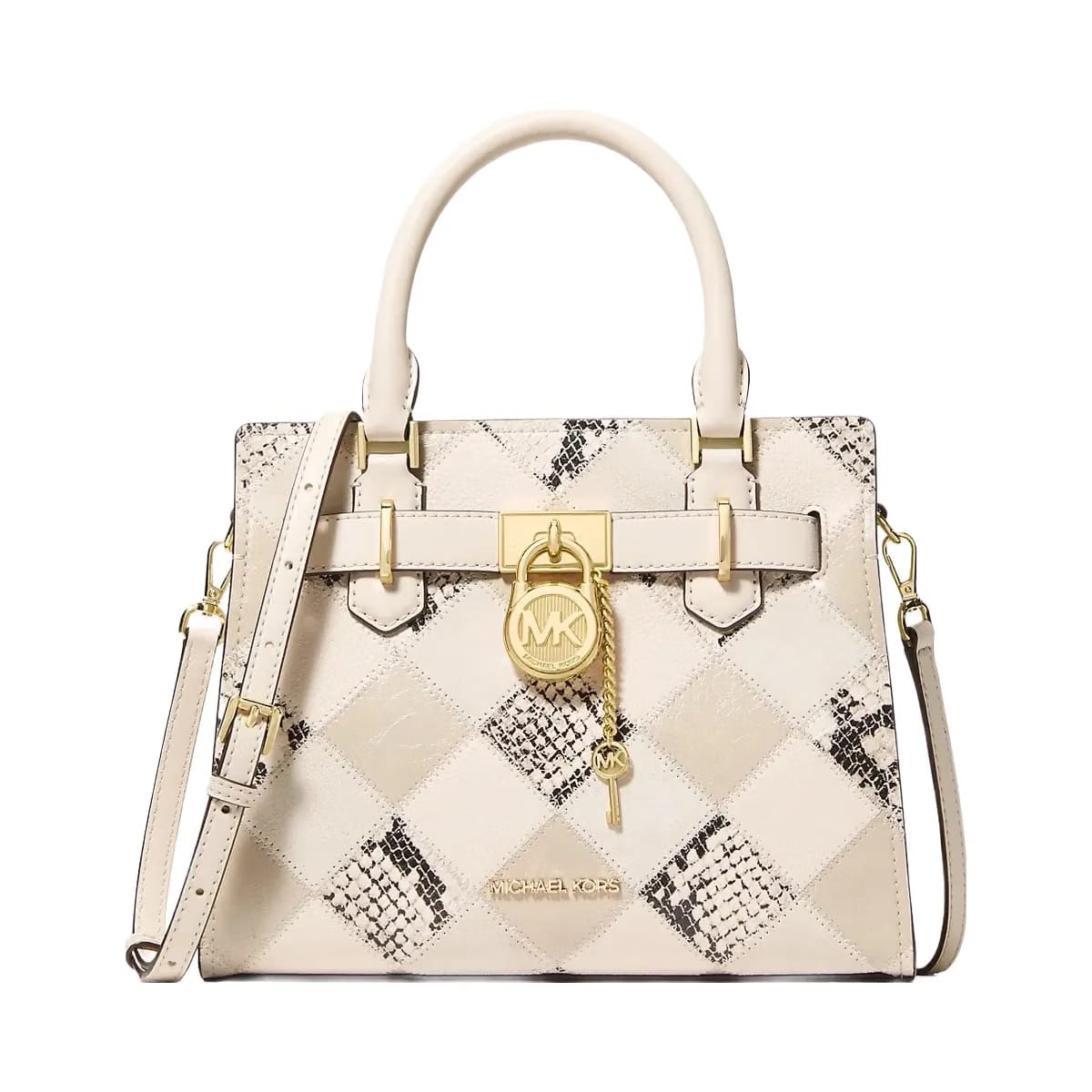 Michael Kors Hamilton Small Patchwork and Snake Embossed Satchel Natural