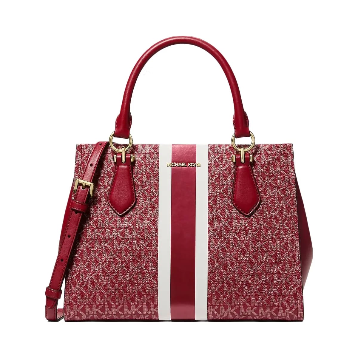 Michael Kors Marilyn Medium Signature Logo Stripe Satchel Cherry