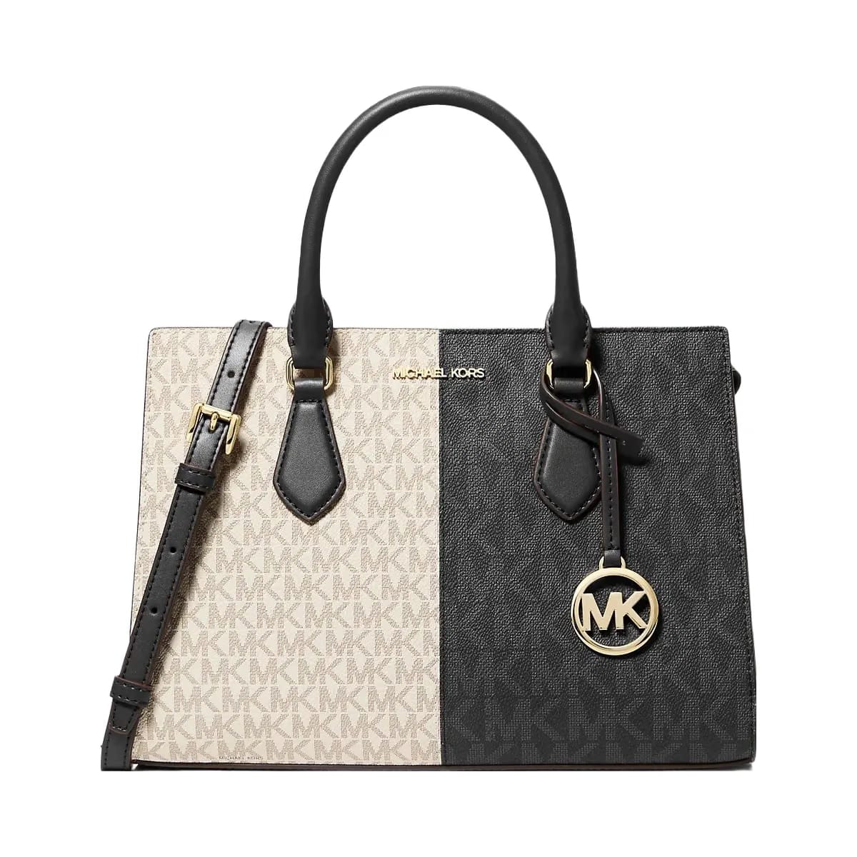 Michael Kors Sheila Medium Two-Tone Metallic Signature Logo Satchel Black Combo