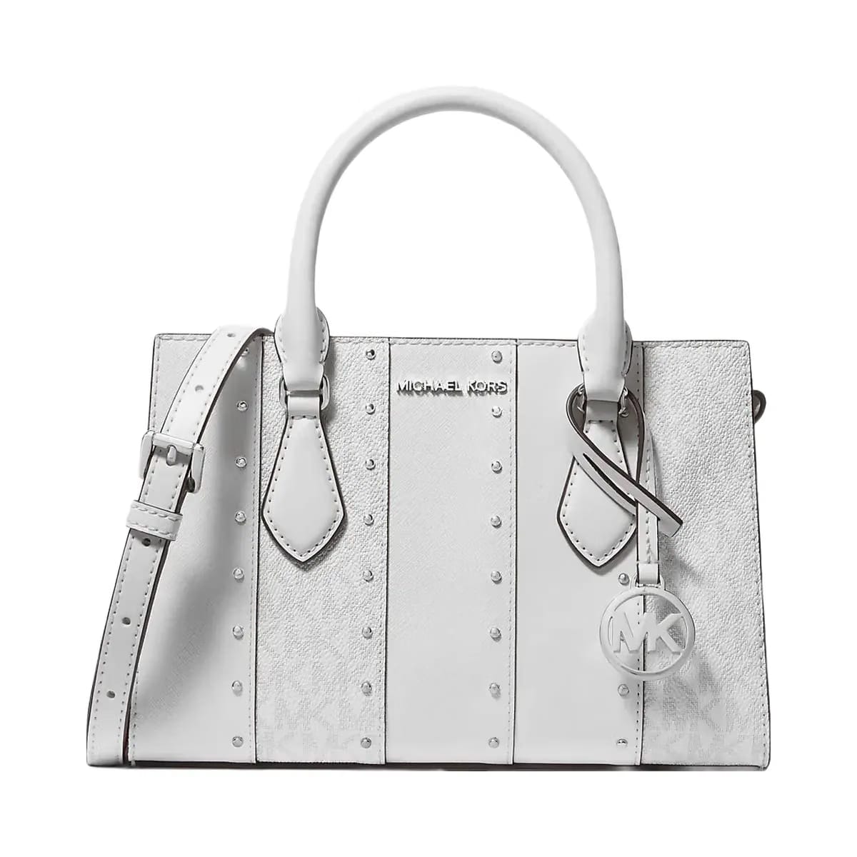 Michael Kors Sheila Small Studded Patchwork and Signature Logo Satchel Opwht Multi