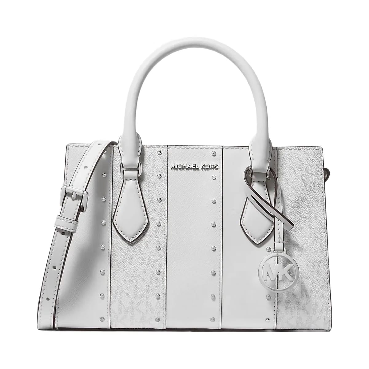 Michael Kors Sheila Small Studded Patchwork and Signature Logo Satchel Opwht Multi