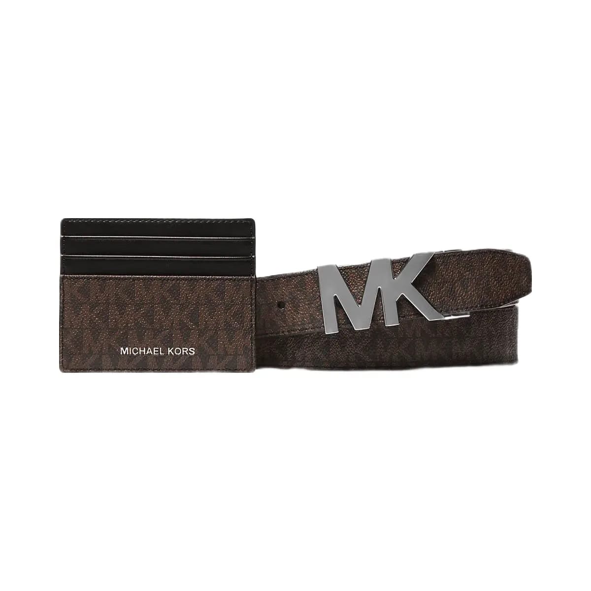 Michael Kors Signature Logo Card Case and Belt Gift Set Brown-Black