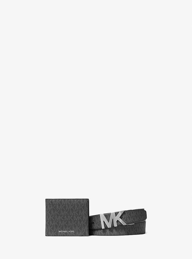 Michael Kors Signature Logo Wallet and Reversible Belt Gift Set Black