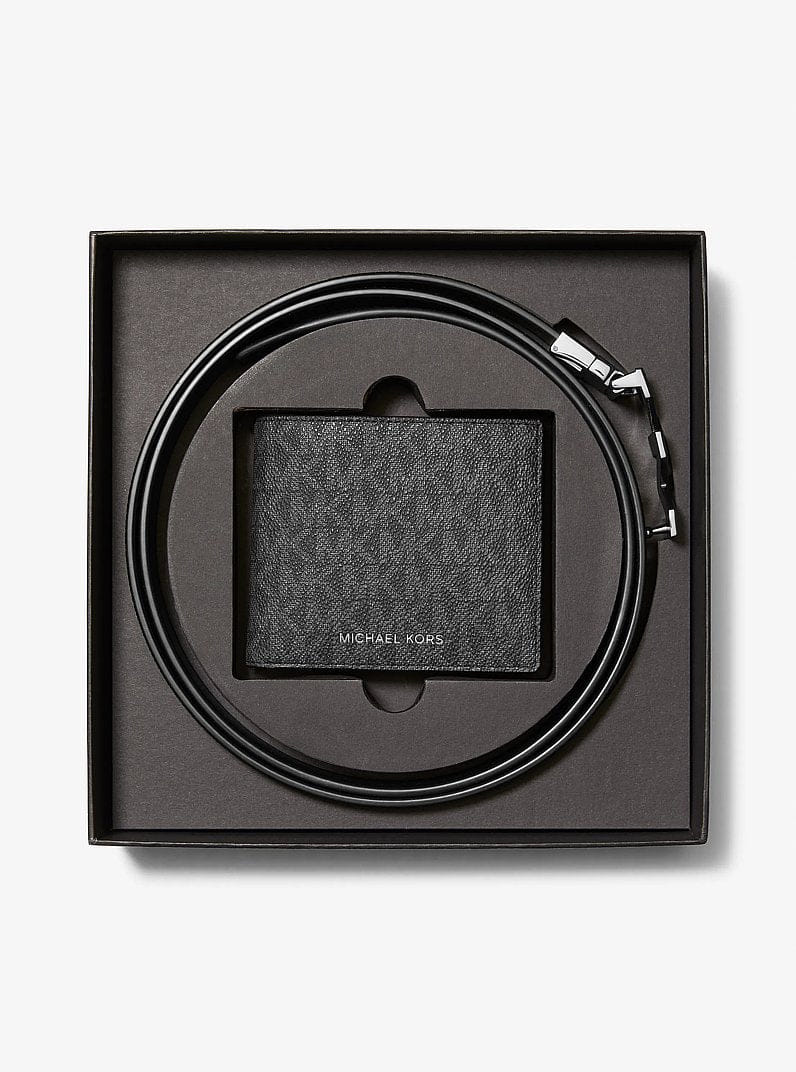 Michael Kors Signature Logo Wallet and Reversible Belt Gift Set Black