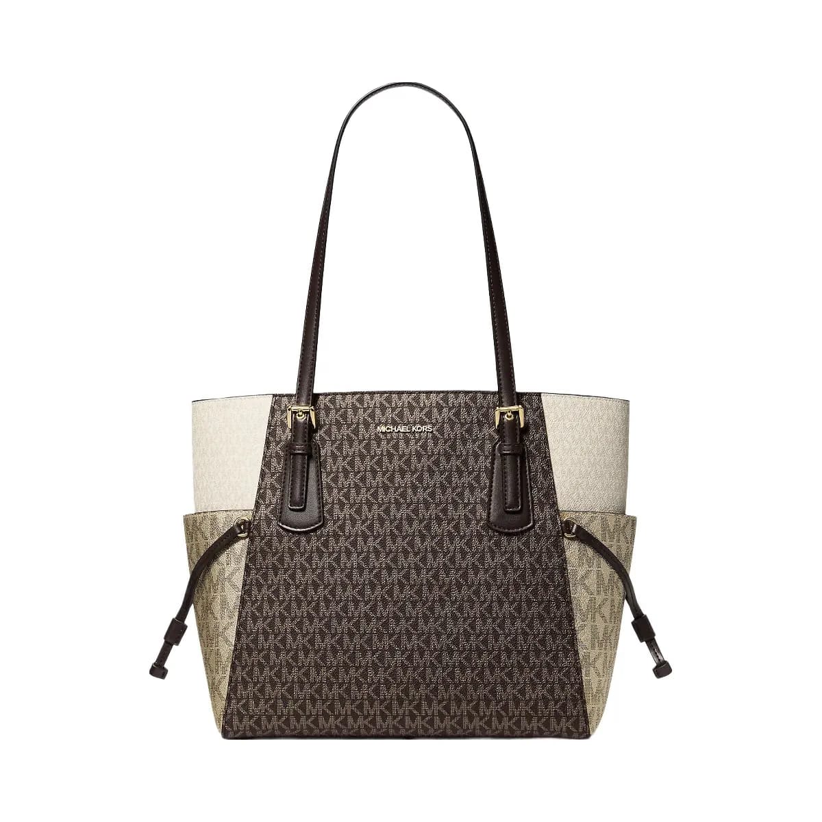 Michael Kors Voyager Large Color-Block Metallic Signature Logo Tote Bag Brown