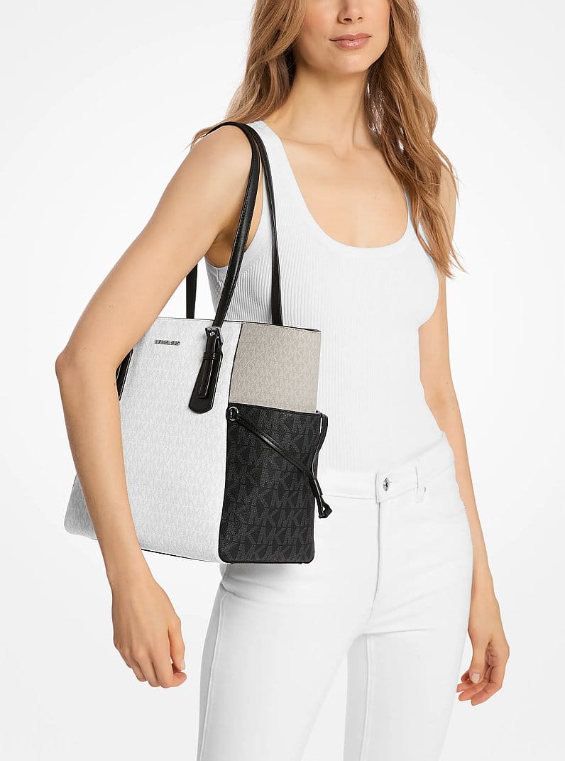 Michael Kors Voyager Large Color-Block Signature Logo Tote Bag Opwht Multi