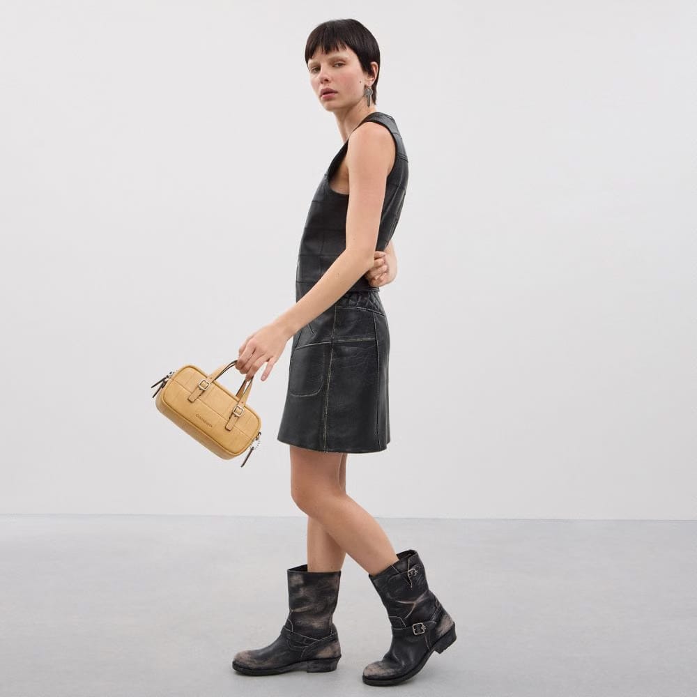 Coach Alter/Ego Mini Satchel Bag In Checkerboard Upcrafted Leather With Crossbody Strap Tan