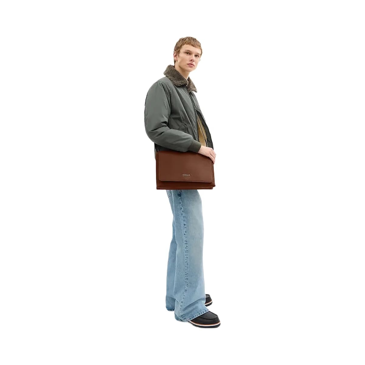 Coach Caleb Messenger Bag Pebbled Leather-Gunmetal-Saddle