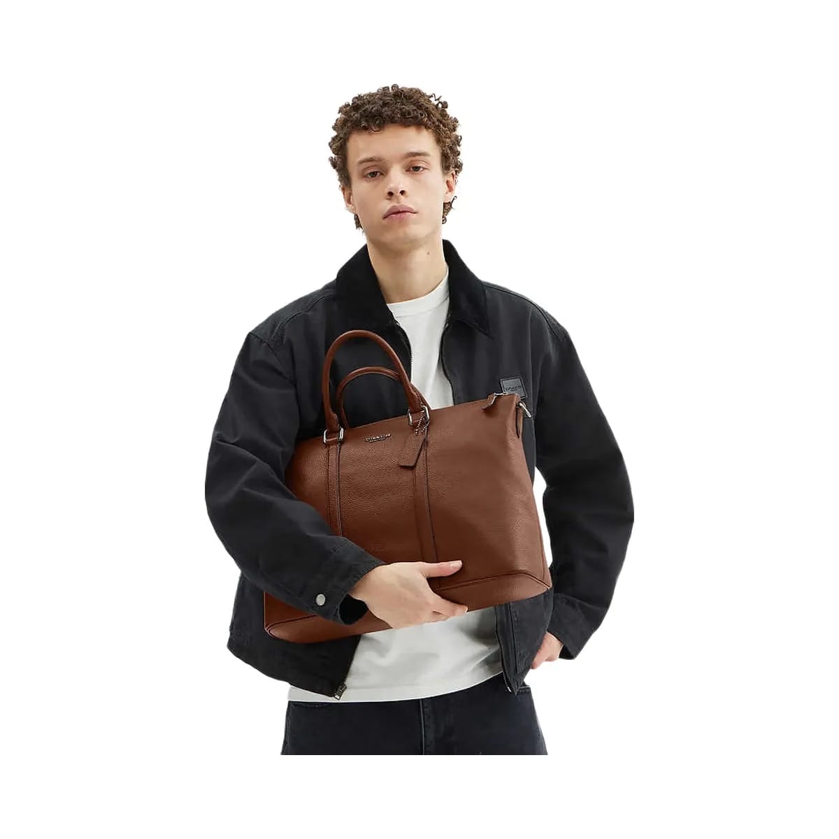 Coach Caleb Work Bag Pebbled Leather-Gunmetal-Saddle
