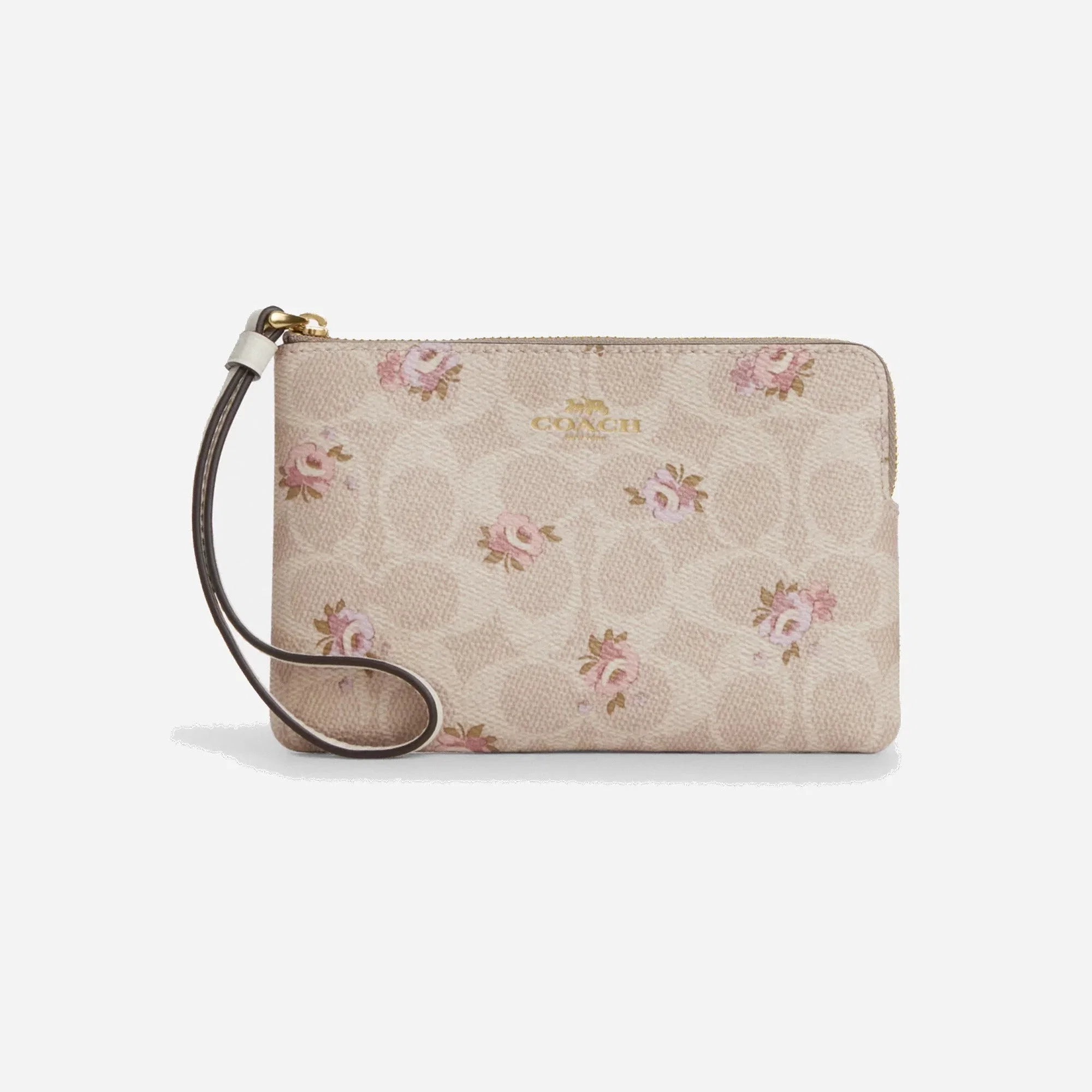 Coach Corner Zip Wristlet In Signature Canvas With Floral Print Gold-Sand Multi