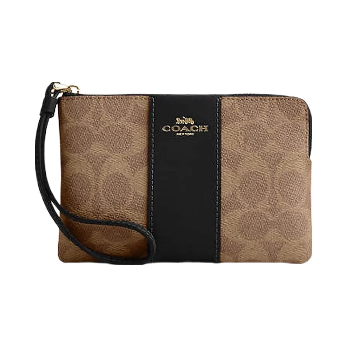 Coach Corner Zip Wristlet In Signature Canvas With Stripe Signature Canvas-Gold-Tan-Black