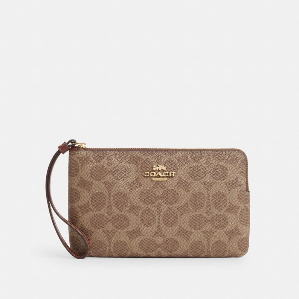 Coach Large Corner Zip Wristlet In Signature Canvas Signature Canvas-Gold-Tan-Brown