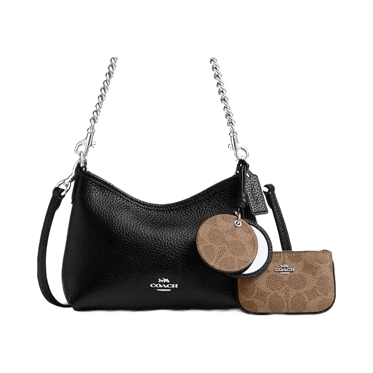 Coach Laurel Small Shoulder Bag With Mirror Charm And Pouch Pebbled Leather-Sv-Black-Tan