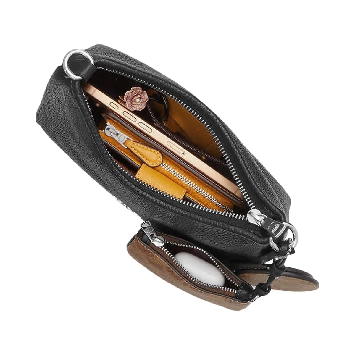 Coach Laurel Small Shoulder Bag With Mirror Charm And Pouch Pebbled Leather-Sv-Black-Tan