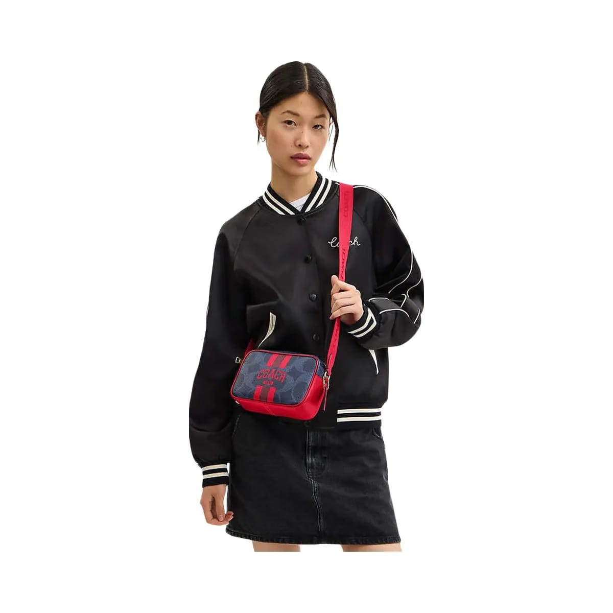Coach Mini Jamie Camera Bag In Signature Canvas With Varsity Stripe Im-Denim-Bold Red