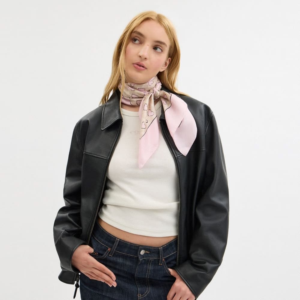 Coach Signature Doodle Heart Print Silk Square Scarf Sand-Pink
