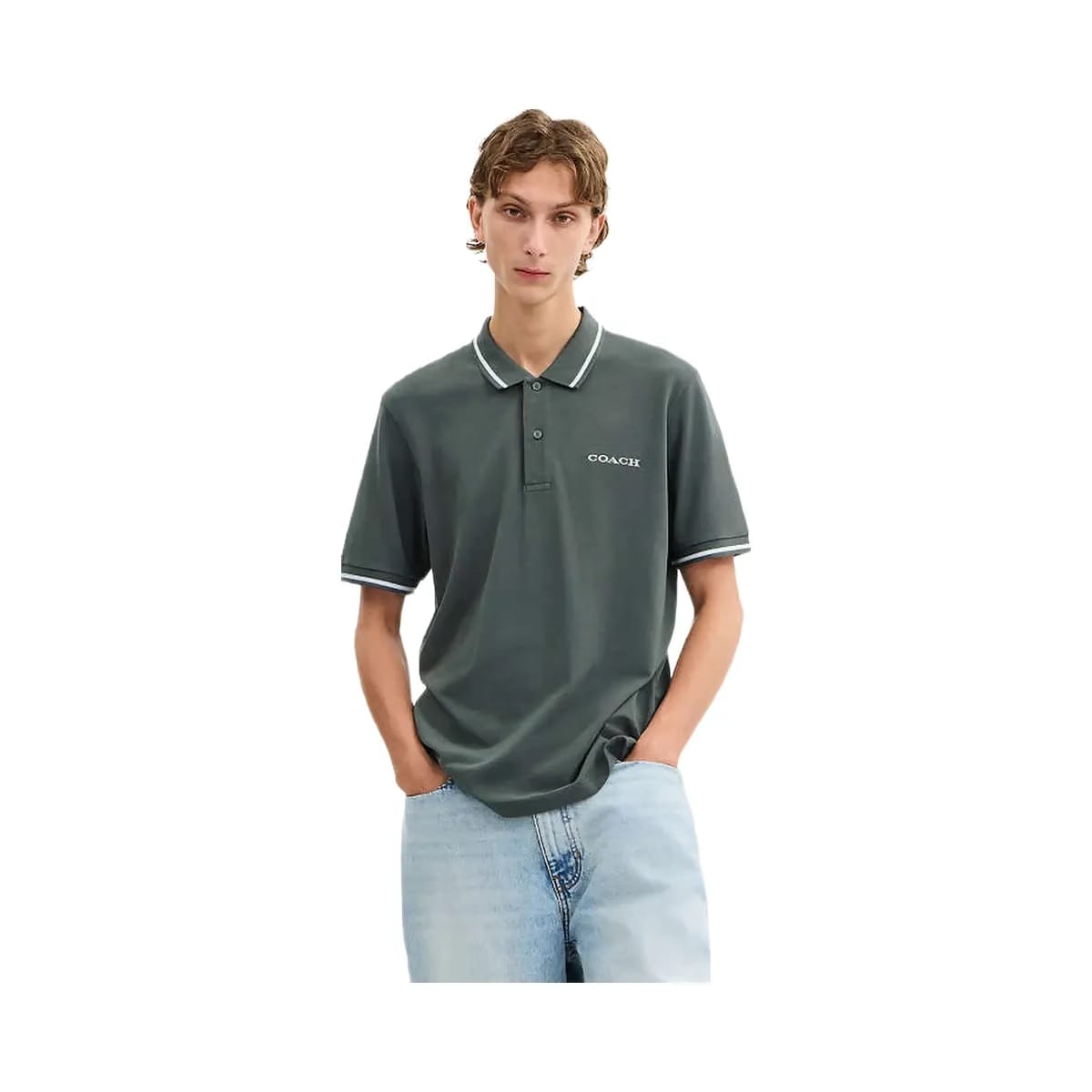 Coach Signature Trim Polo In Organic Cotton Ivy