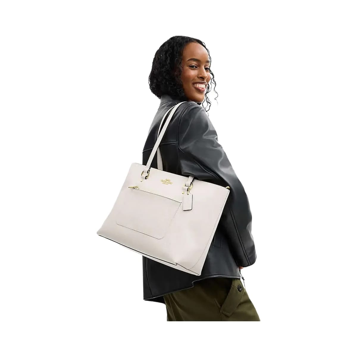 Coach Station Tote Bag Crossgrain Leather-Gold-Chalk