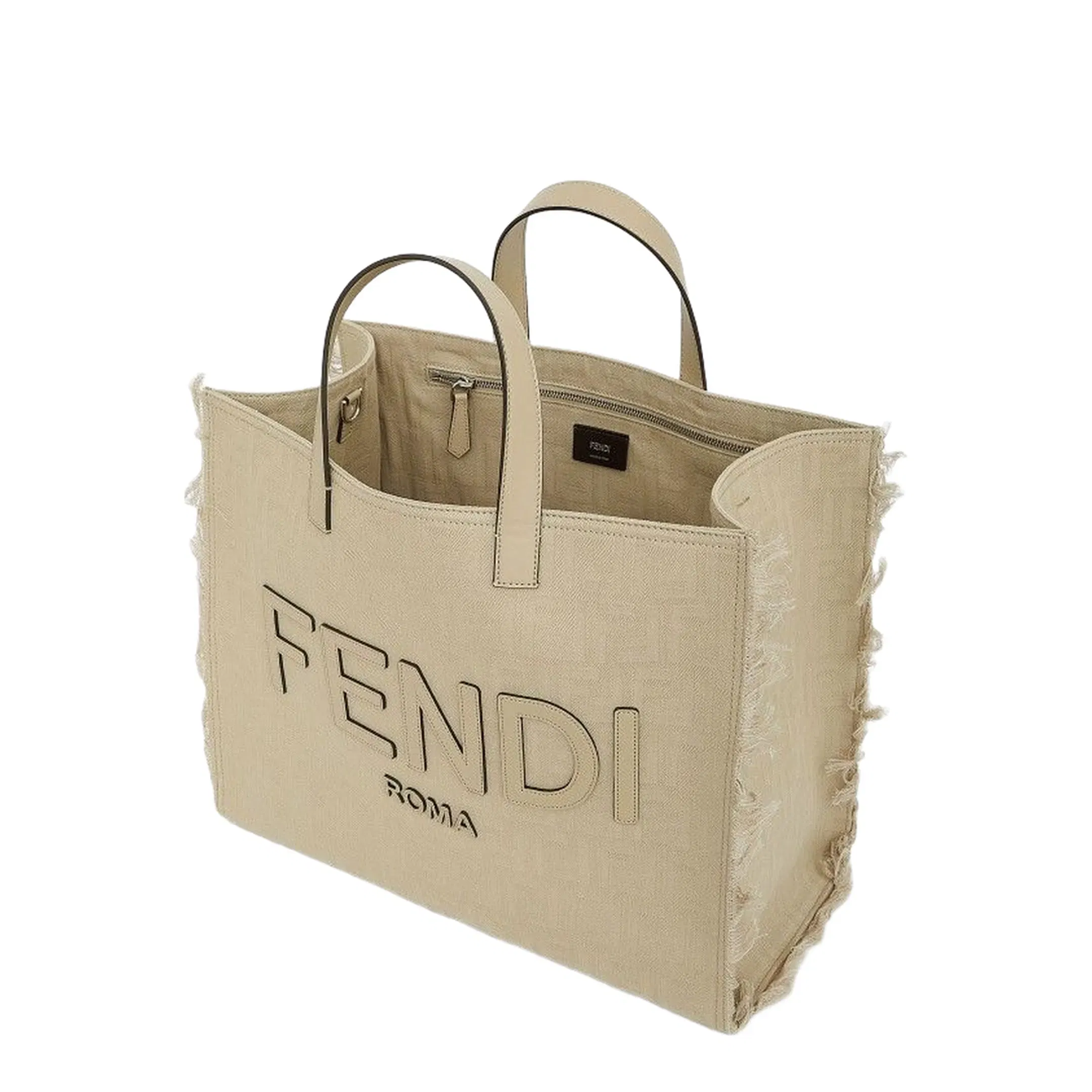 FF Jacquard Fringed Beige Leather Bag