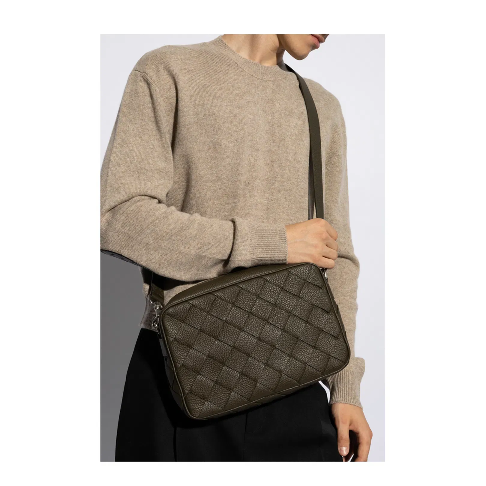 Intrecciato East-west Leather Camera Bags - Kaki